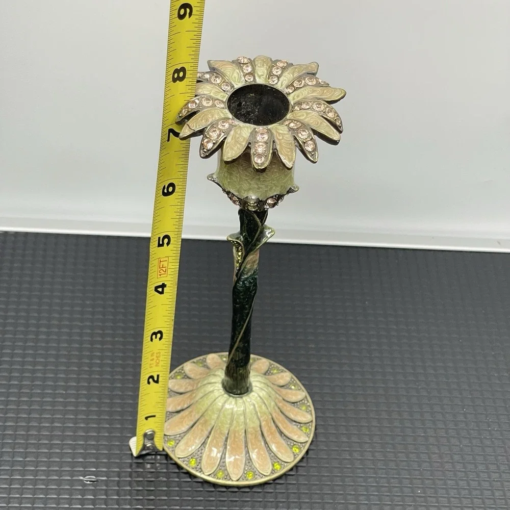 Vintage Enamel Solid Metal Candle Holder Candlestick Art Nouveau‎ Floral Jeweled